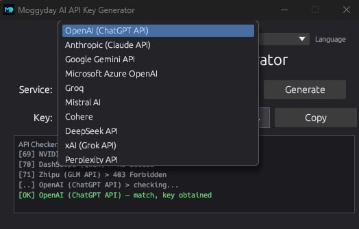 Perplexity API Key Generator üretecinin Service listesi: ayrı satır Perplexity API